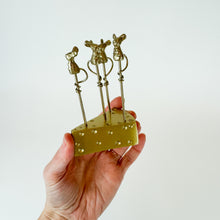 Load image into Gallery viewer, Brass Cheese and Mouse Olive Picks
