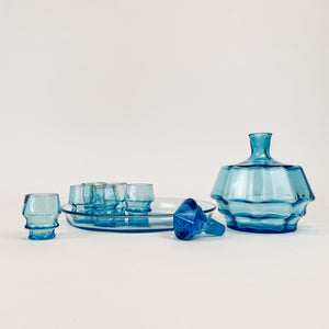 Blue Decanter and 6 Cordials with Matching Tray