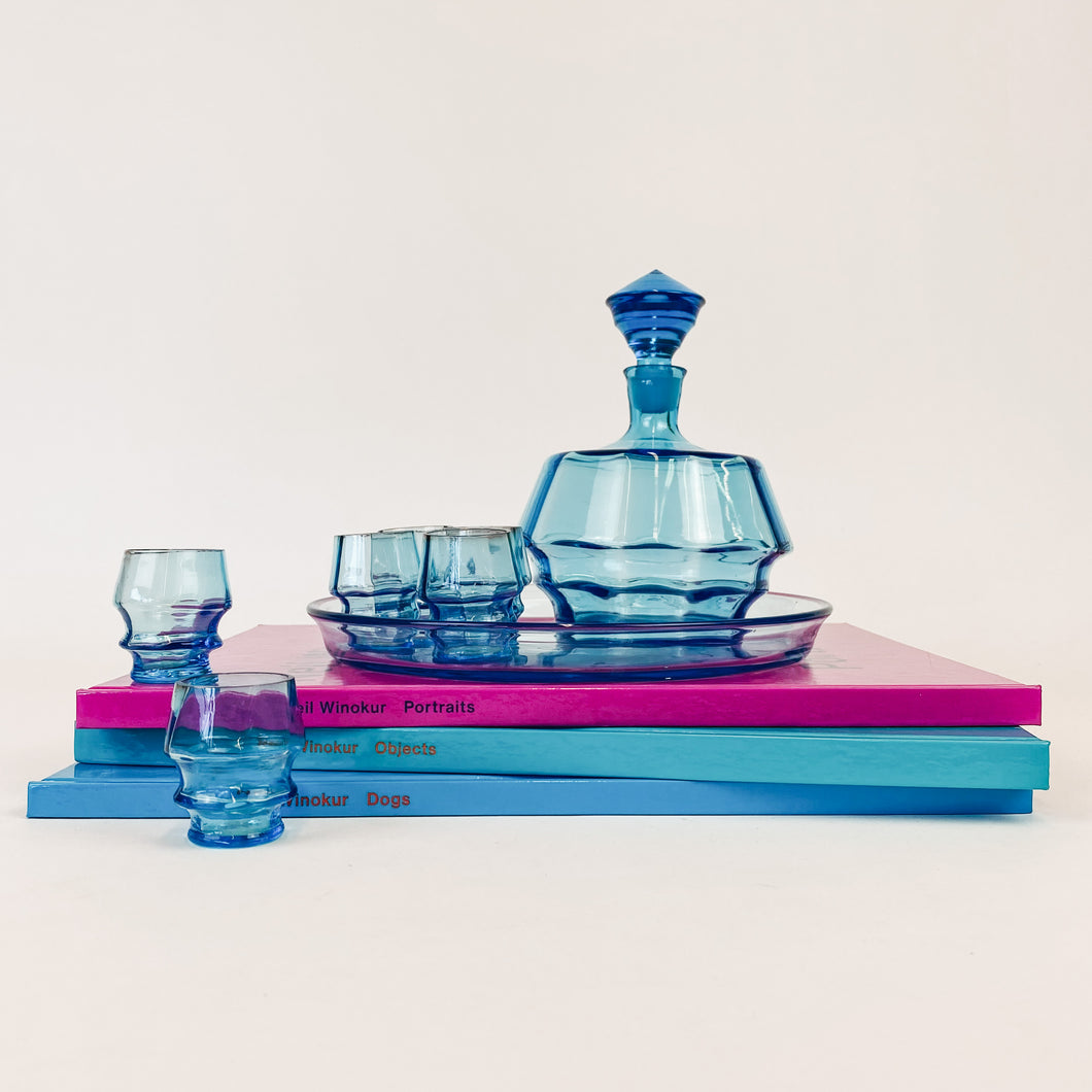 Blue Decanter and 6 Cordials with Matching Tray